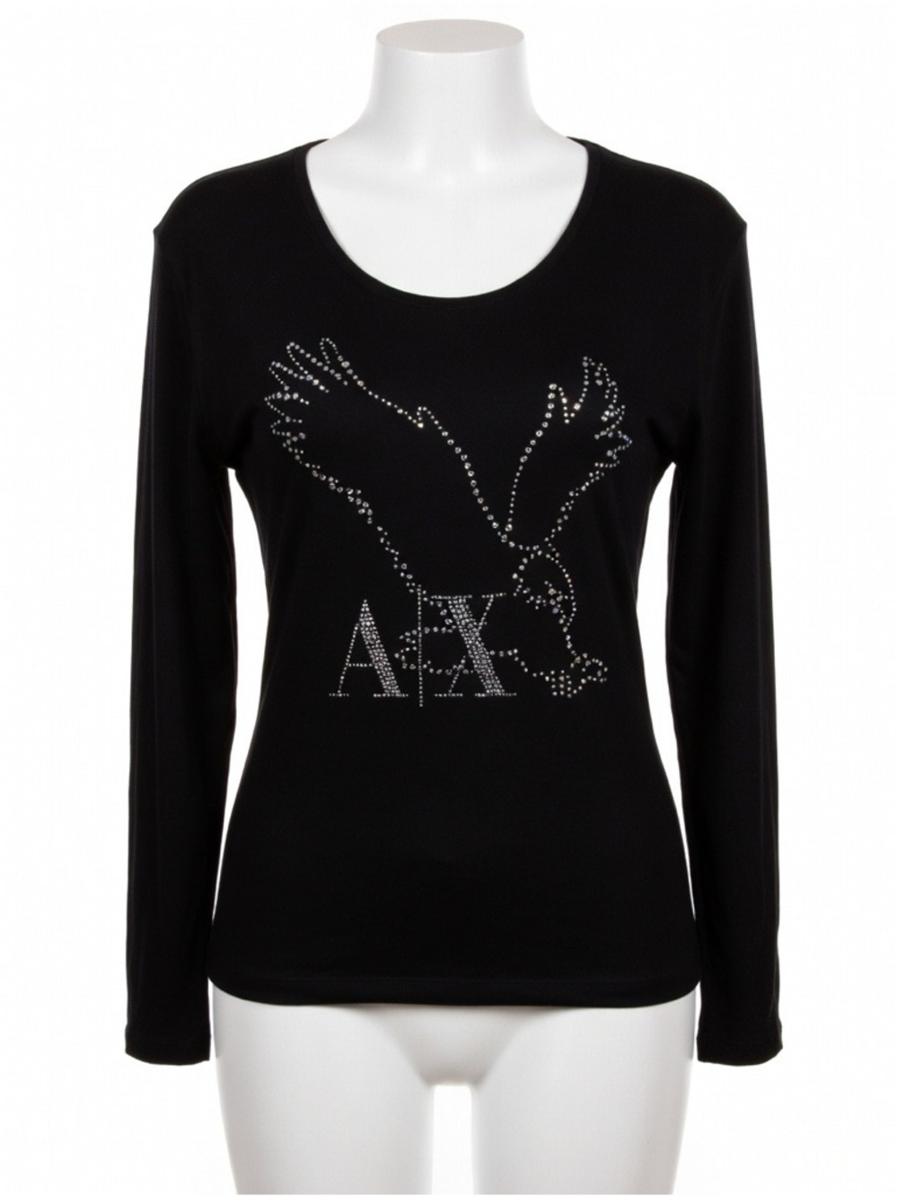 Armani Exchange Black Long-Sleeve Rhinestone Eagle Logo Tee Sz XS